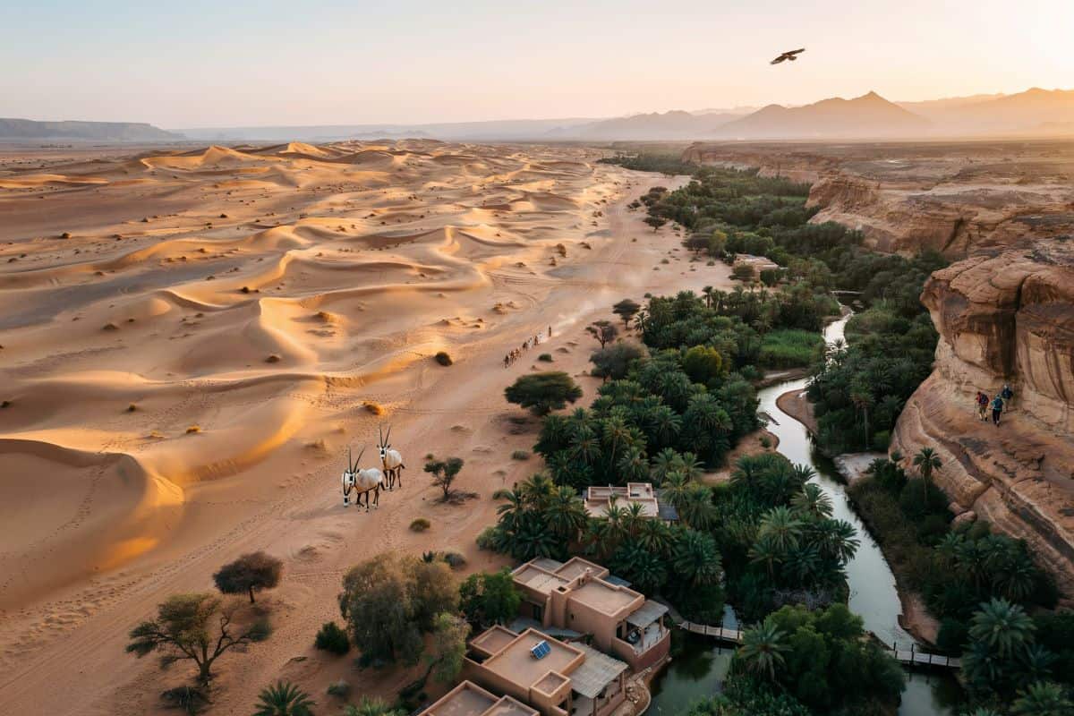 Visitors exploring vast desert landscape in Saudi Arabia's protected royal nature reserves