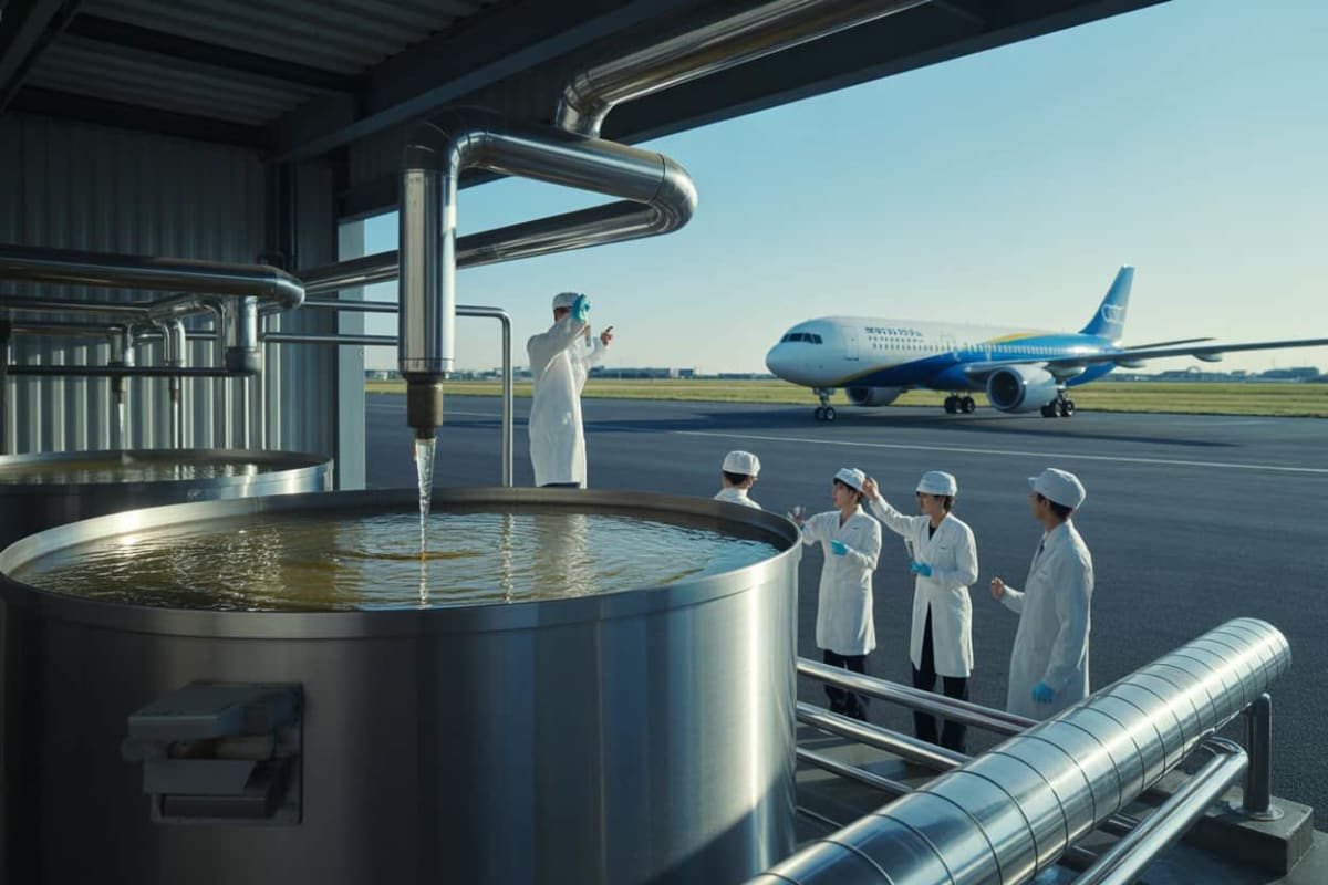 Airplane flying above clouds with recycling symbols representing sustainable aviation fuel from cooking oil