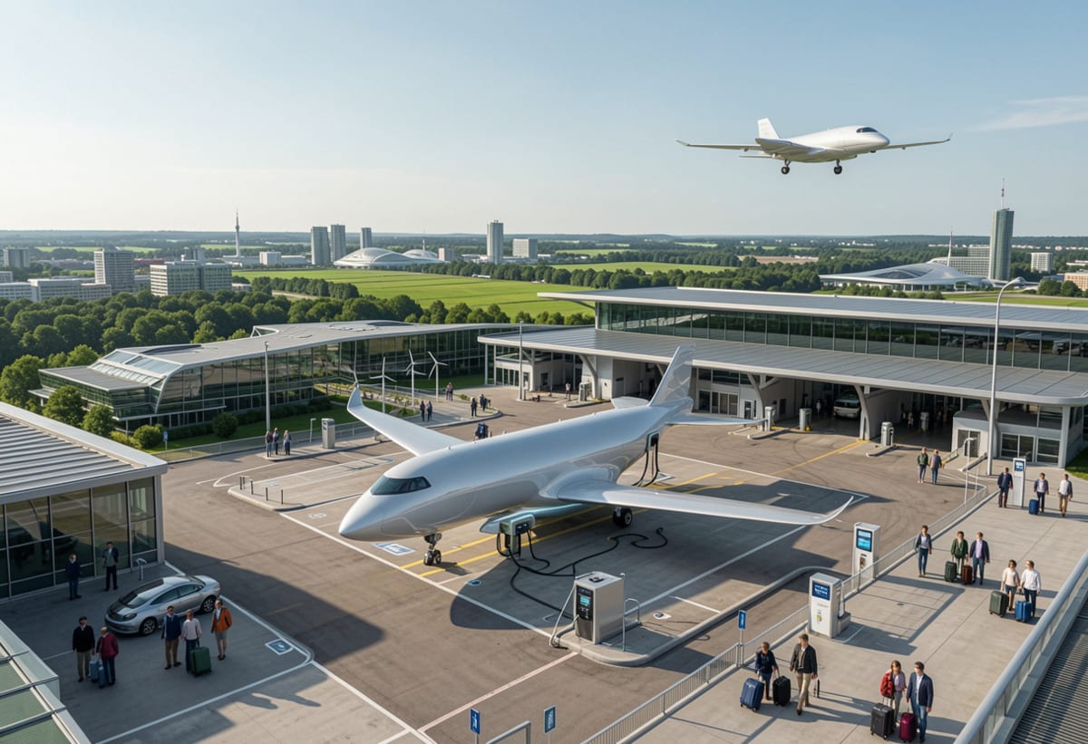 Small regional airport runway with modern electric aircraft preparing for sustainable flight operations
