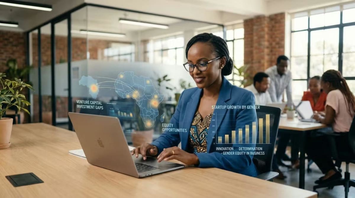 African women entrepreneurs collaborating in modern startup workspace with laptops and documents