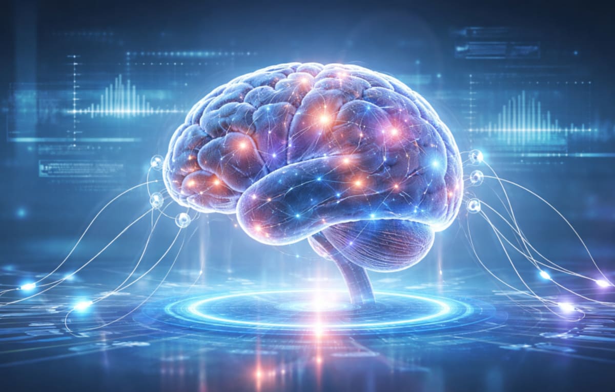 Researcher adjusting electrode cap on volunteer's head for brain-computer interface testing in modern laboratory