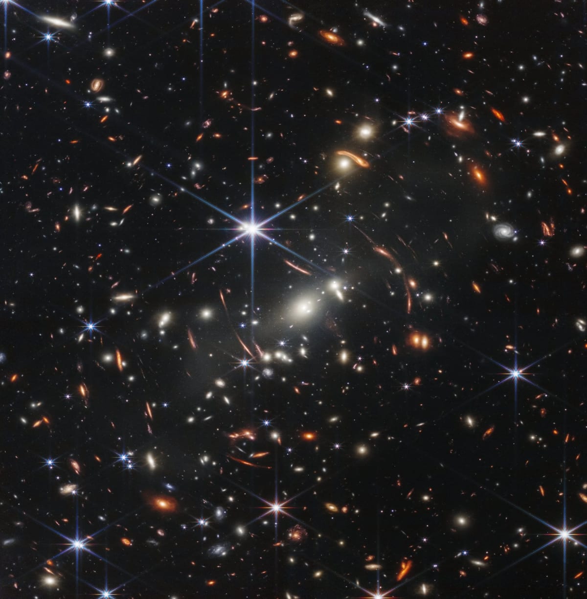 Galaxy cluster MACS J0308.9+2645 captured by James Webb Space Telescope showing gravitational arcs