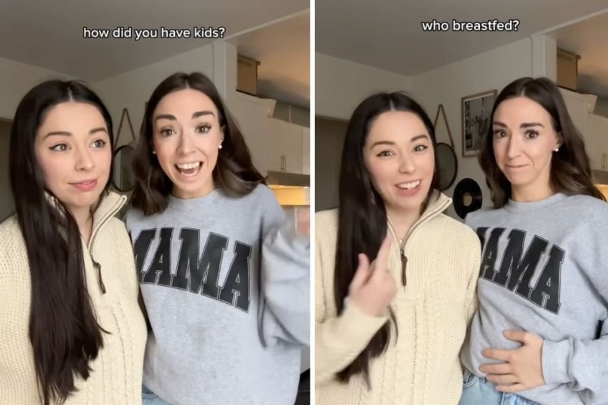 Lesbian couple Allie and Sam Conway smiling with their twin children in family photo