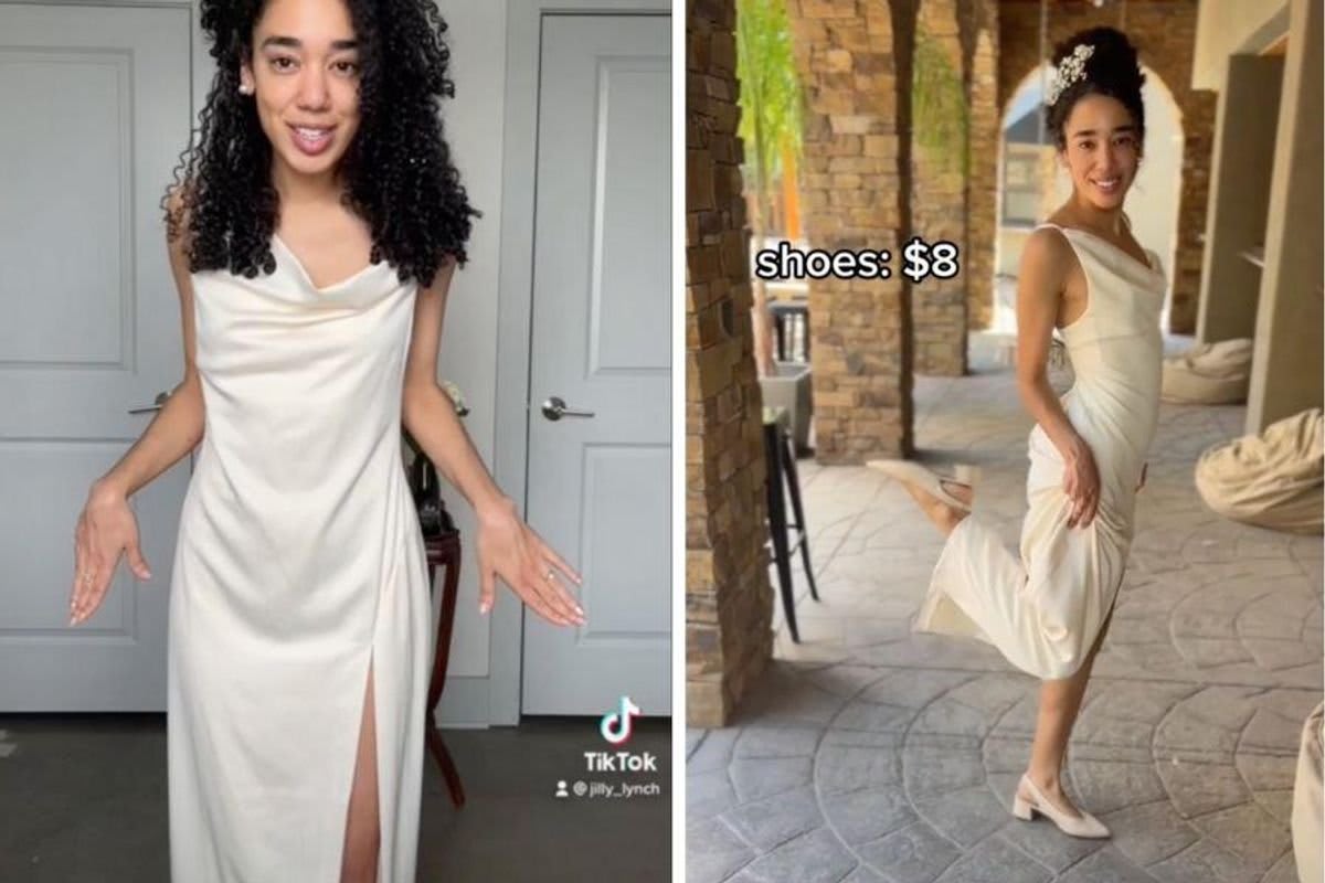 Bride in elegant ivory slip dress with delicate straps smiling on wedding day