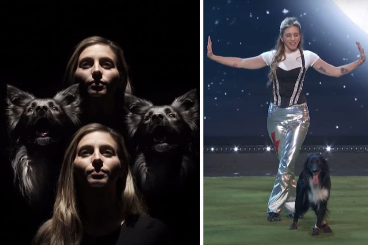 Border collie Rhythm and owner Roni Sagi performing synchronized dance routine on America's Got Talent stage