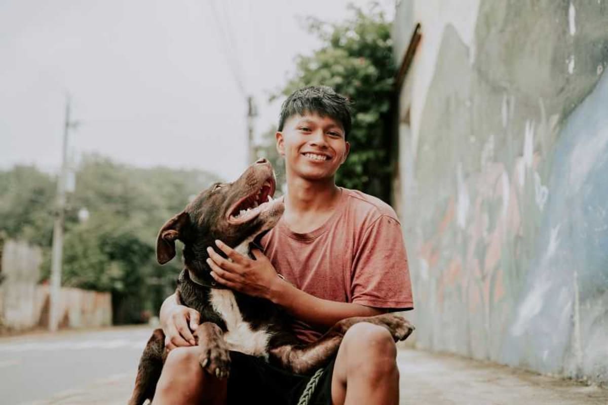 Happy dog receiving affectionate head scratches from smiling owner showing bonding moment