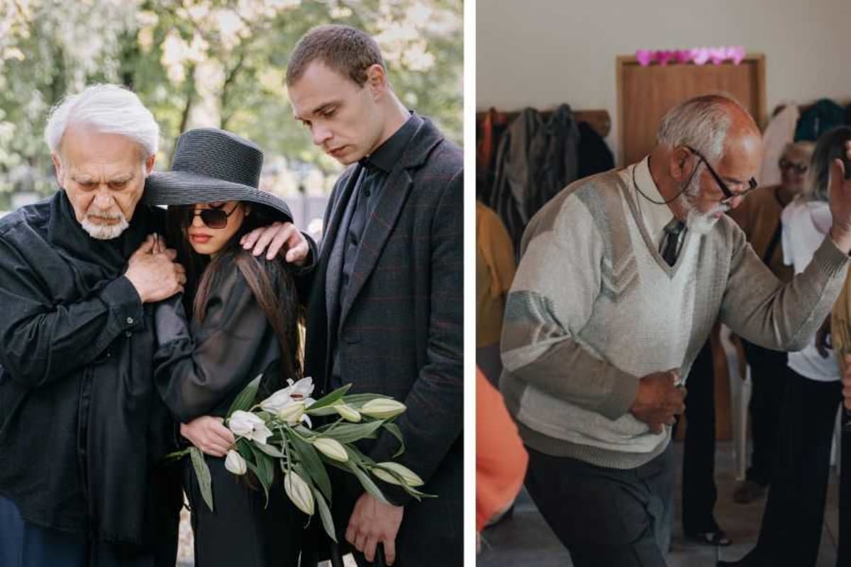 Grandfather dancing energetically in front of coffin at grandson's funeral celebration