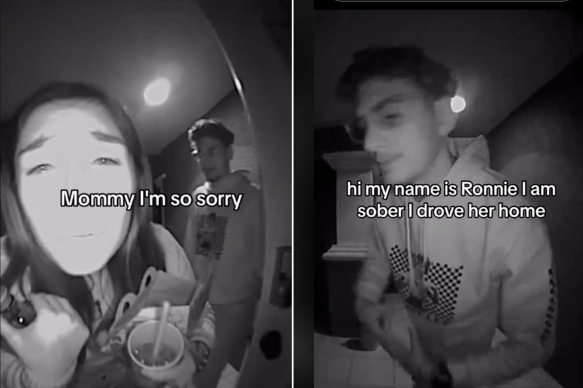 Young man speaking to doorbell camera at night after dropping off friend safely