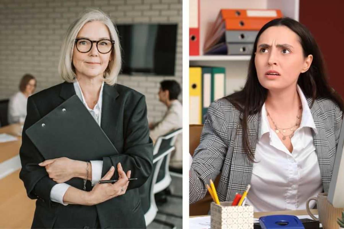 Professional woman standing confidently with arms crossed in office setting representing workplace advocacy