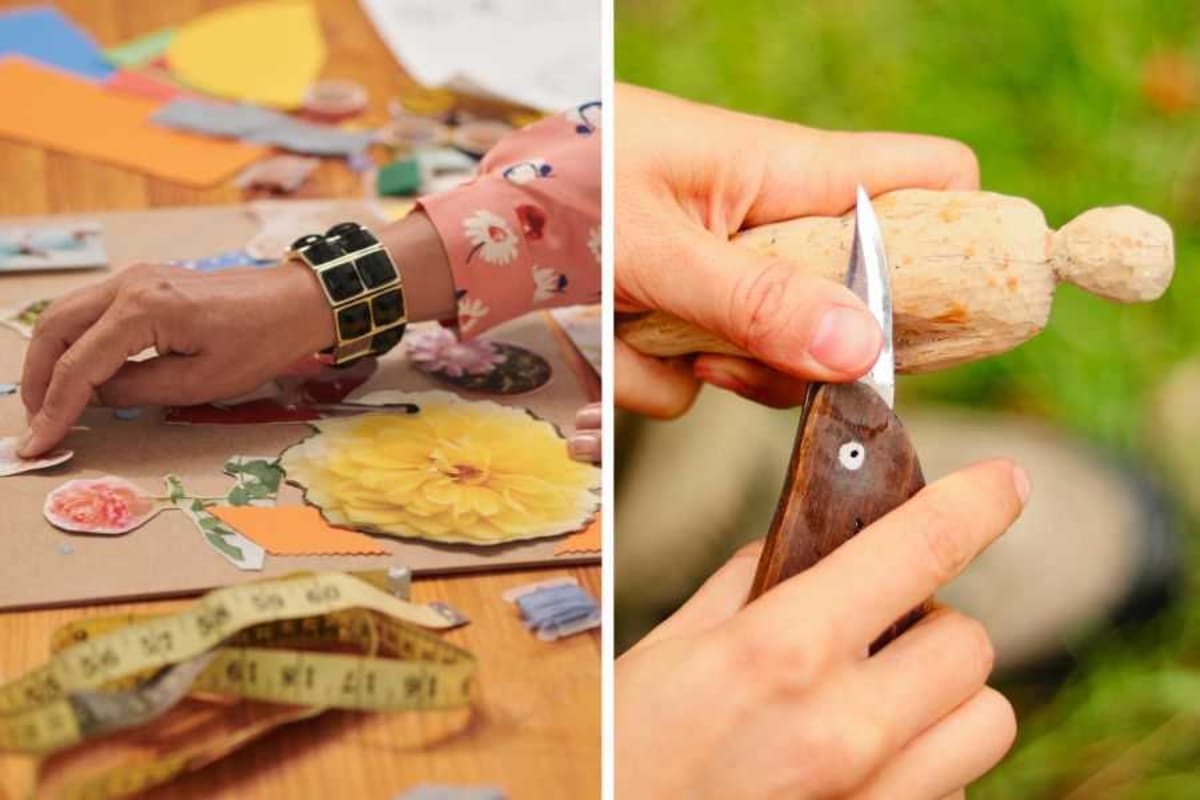 Colorful handmade crafts including watercolor paintings, wood projects, and cross-stitch displayed together