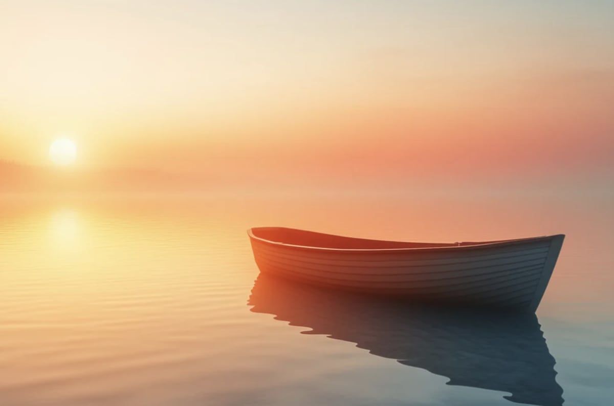 Single empty wooden boat drifting peacefully on calm lake water at sunrise