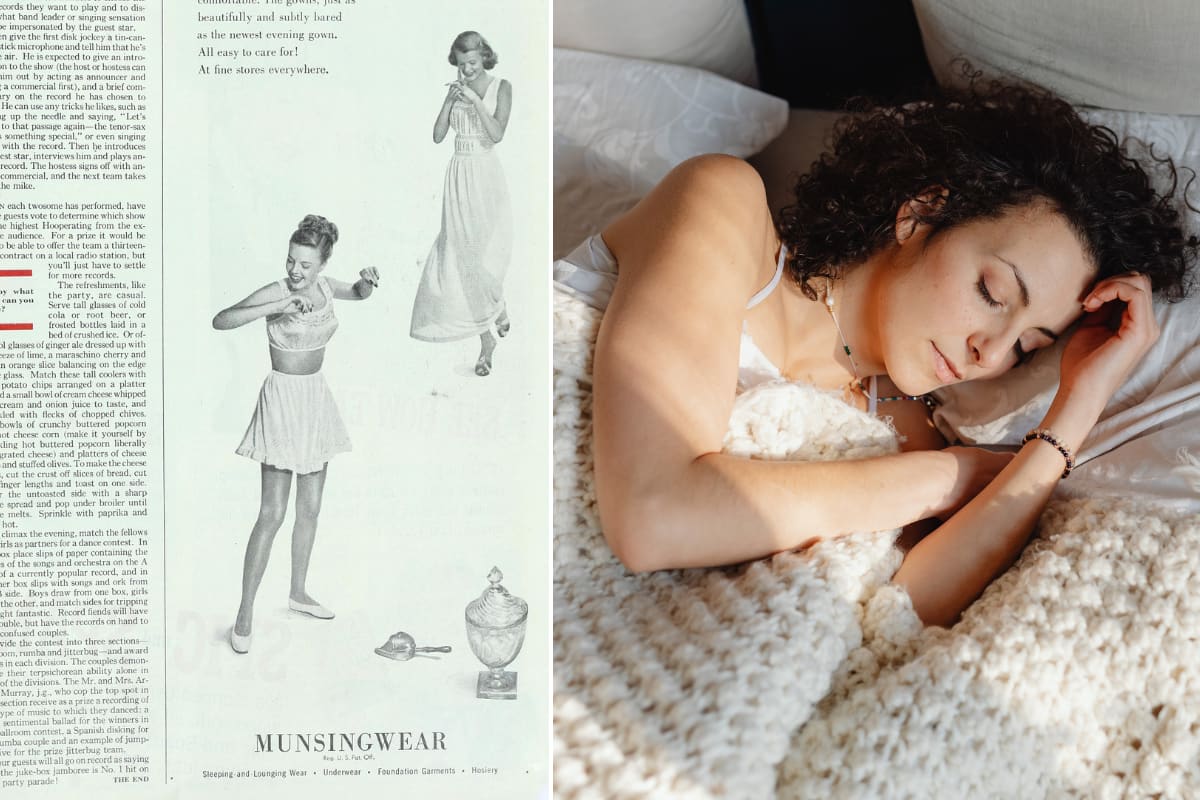 Woman in vintage silk pajamas reading book by dim lamplight in cozy bedroom setting