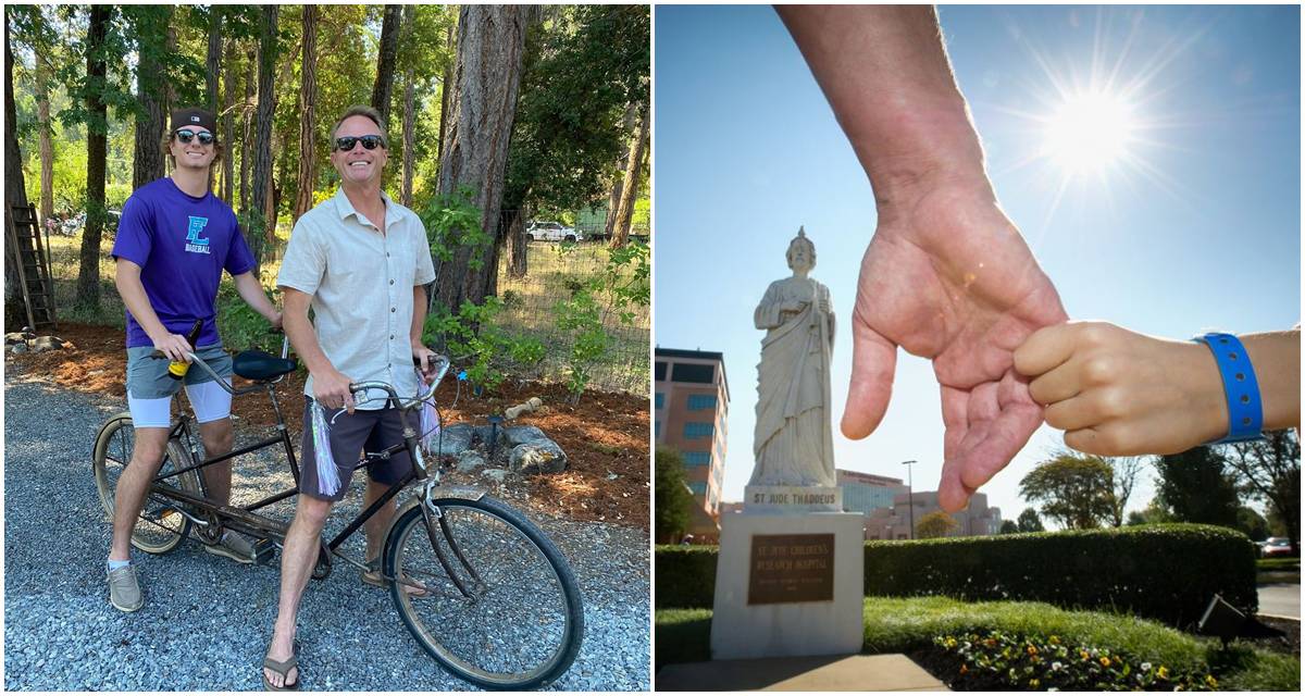 Father and son cyclists Scott and Ethan Pesch standing together smiling with their bikes
