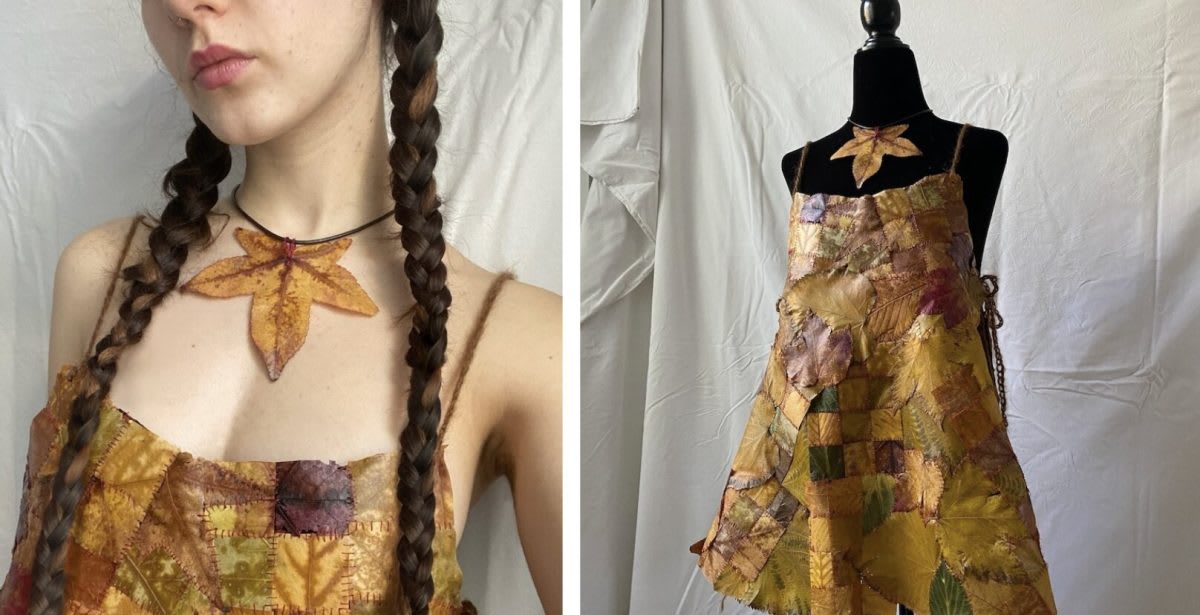 Patchwork mini dress made entirely from orange, red, and yellow autumn leaves sewn together