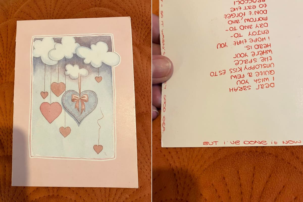 Vintage Valentine's card with hand-drawn ace of hearts and cryptic handwritten message from 1993