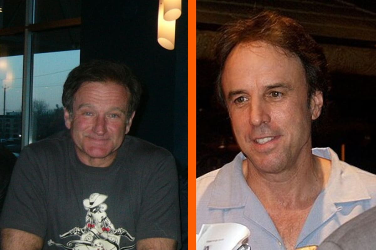 Kevin Nealon and Robin Williams together, two comedians smiling and laughing