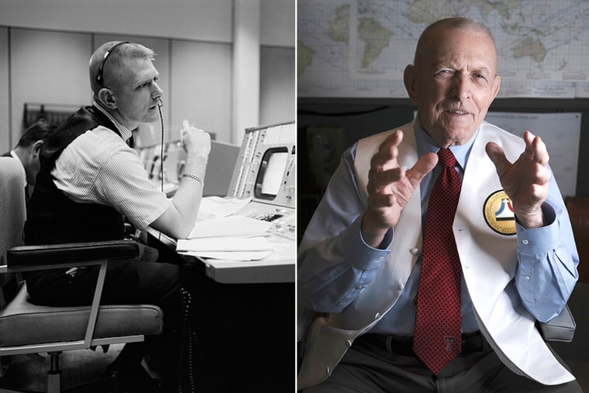 Gene Kranz working at his flight director console in Mission Control during 1960s Apollo era