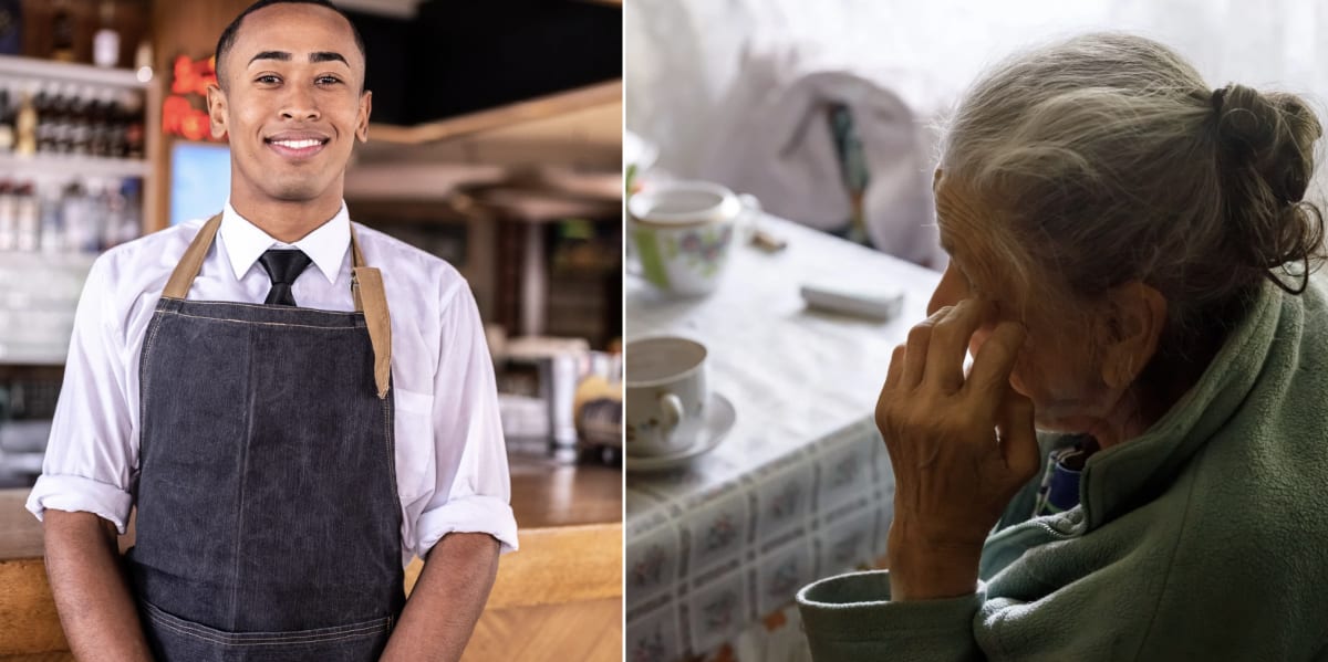 Bagel shop manager helping customer at counter with patience and kindness