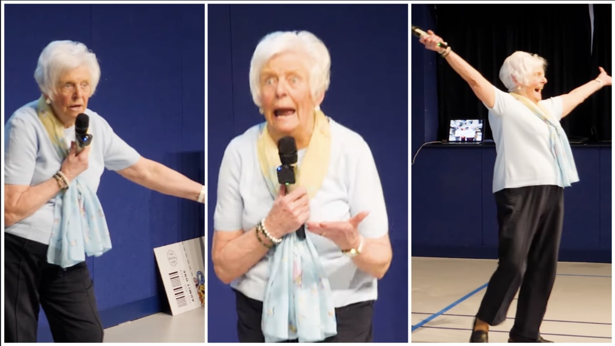 Eighty-eight-year-old Marie McLaren performing stand-up comedy on stage in Glasgow, Scotland