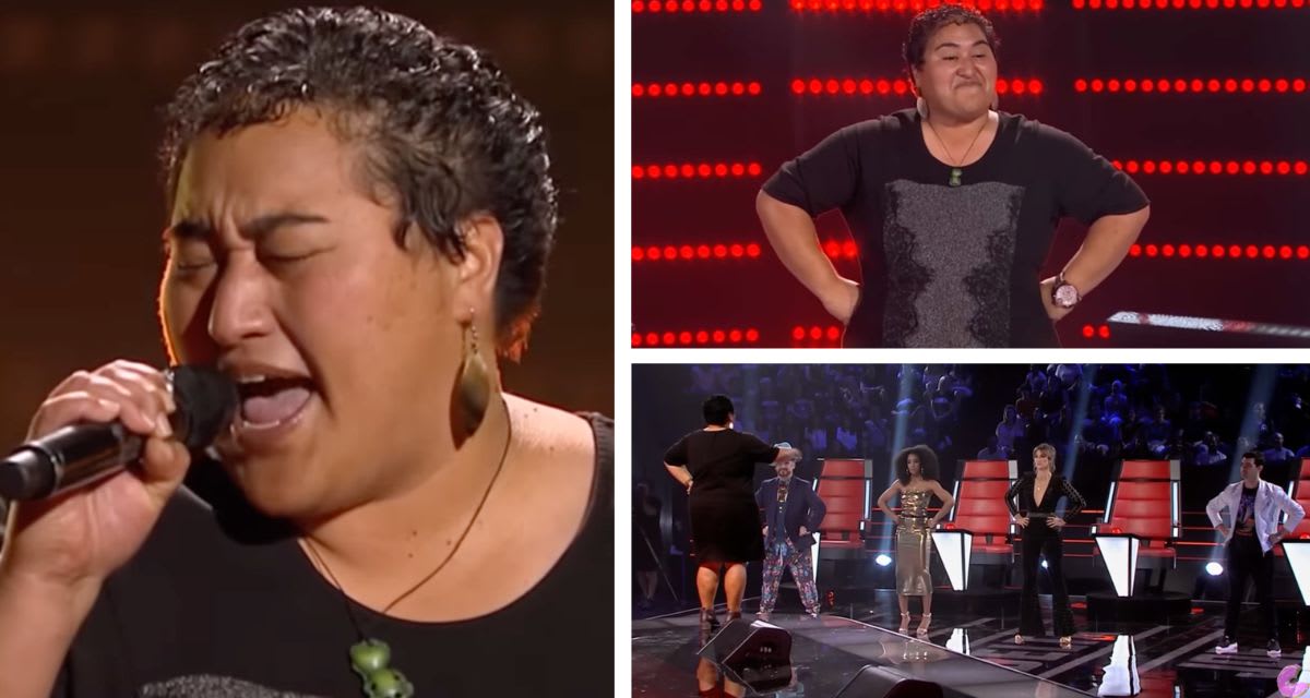 Māori singer Ora Taukamo teaching four Voice judges traditional haka dance on stage