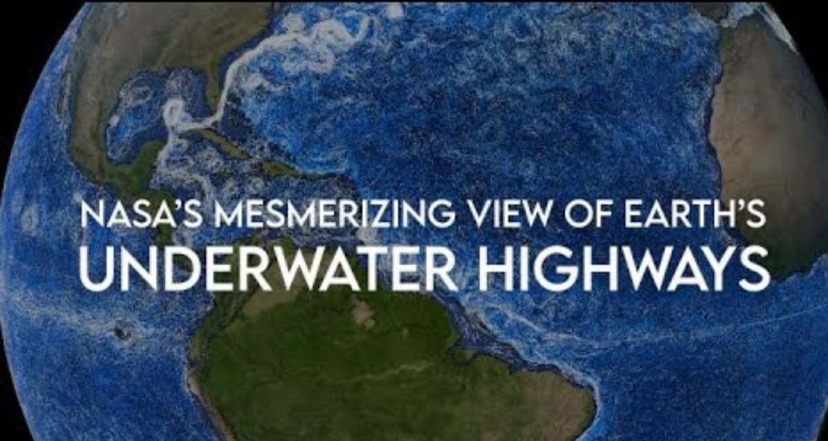 NASA visualization showing swirling blue and white ocean currents across Earth's surface