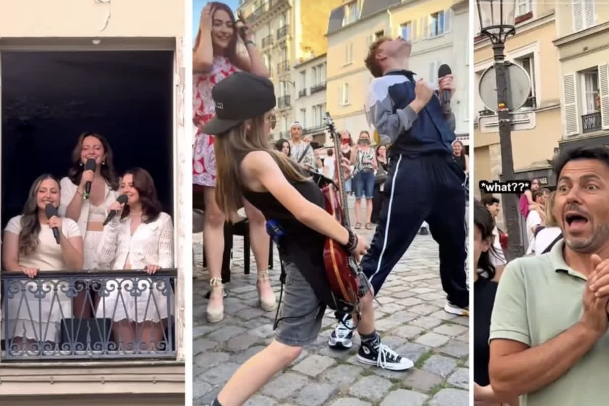 Multiple musicians performing Bohemian Rhapsody on Paris street with horse-drawn carriage