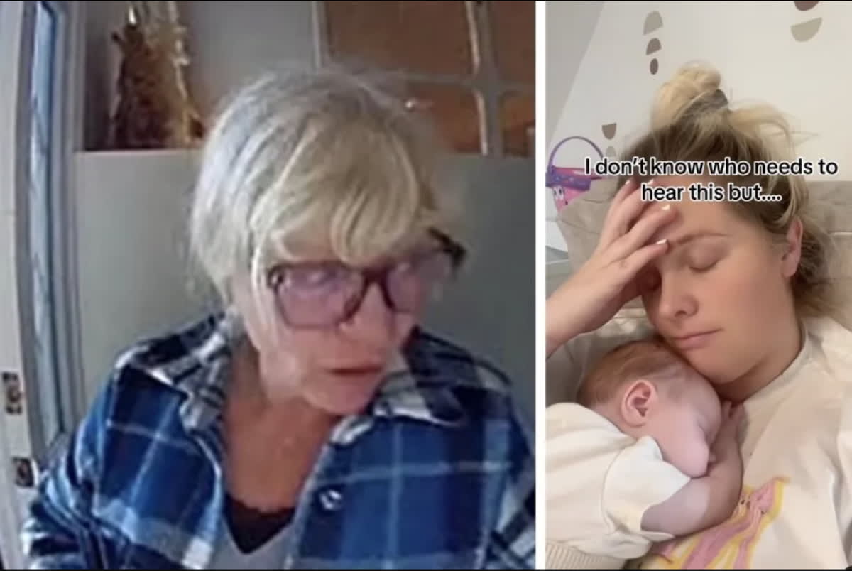 Young mother holding infant while doorbell camera captures grandmother leaving encouraging message at front door