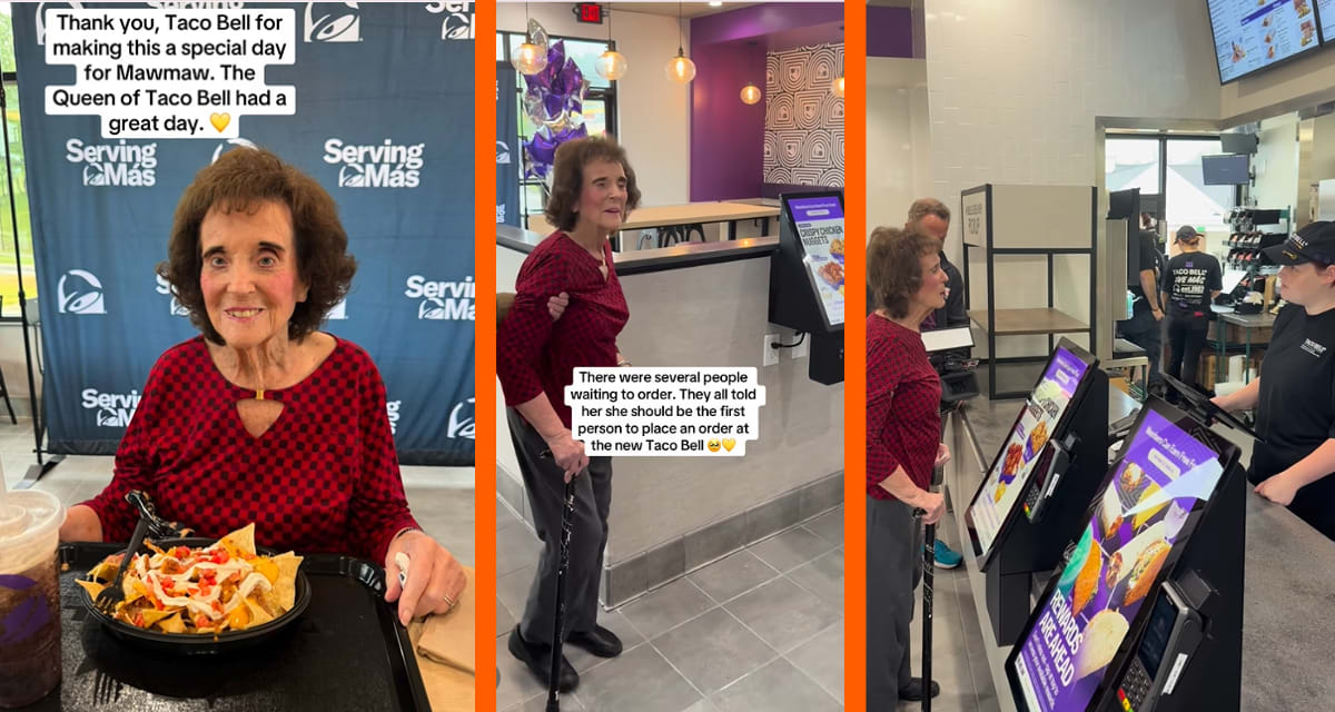 Elderly woman smiling at table inside Taco Bell restaurant on opening day