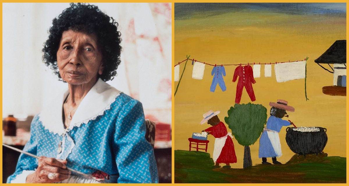 Colorful folk art painting by Clementine Hunter depicting daily life on Louisiana plantation