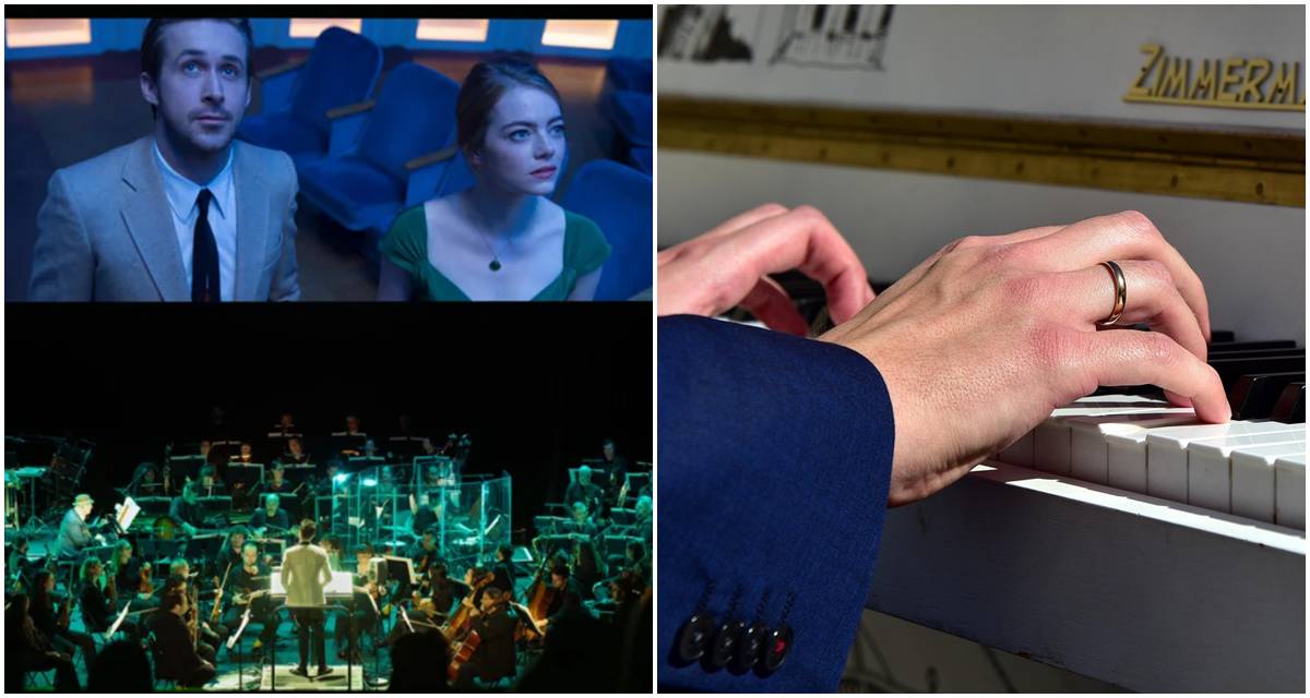 Young man playing keyboard on stage with orchestra during La La Land concert performance