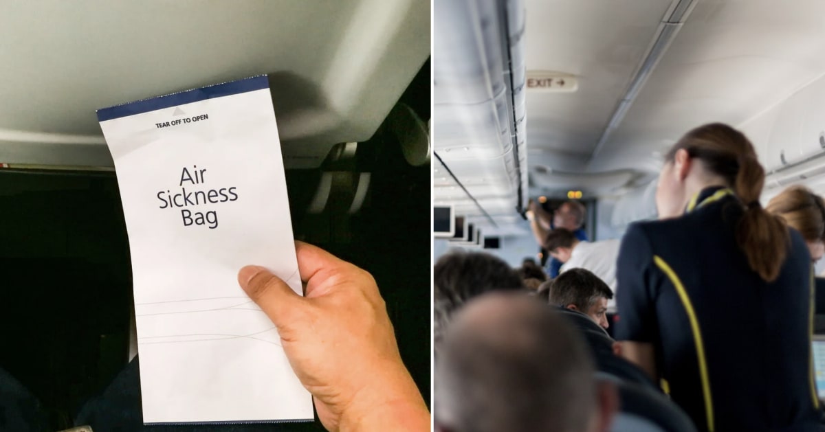 Flight attendant holding white airsickness bag containing cash tip from grateful passengers