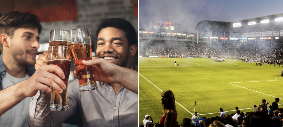 Excited soccer fans celebrating and cheering together at a crowded World Cup stadium