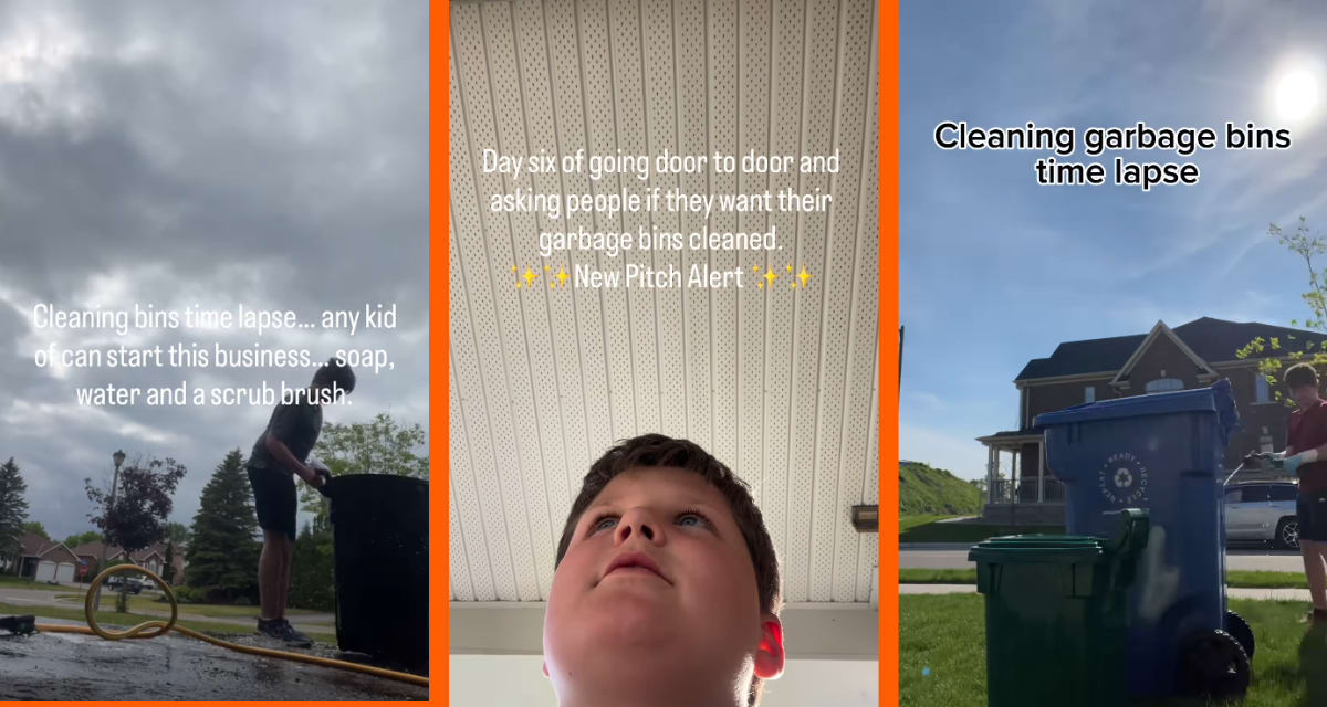 Young boy in safety gear cleaning a garbage bin with pressure washer outside home