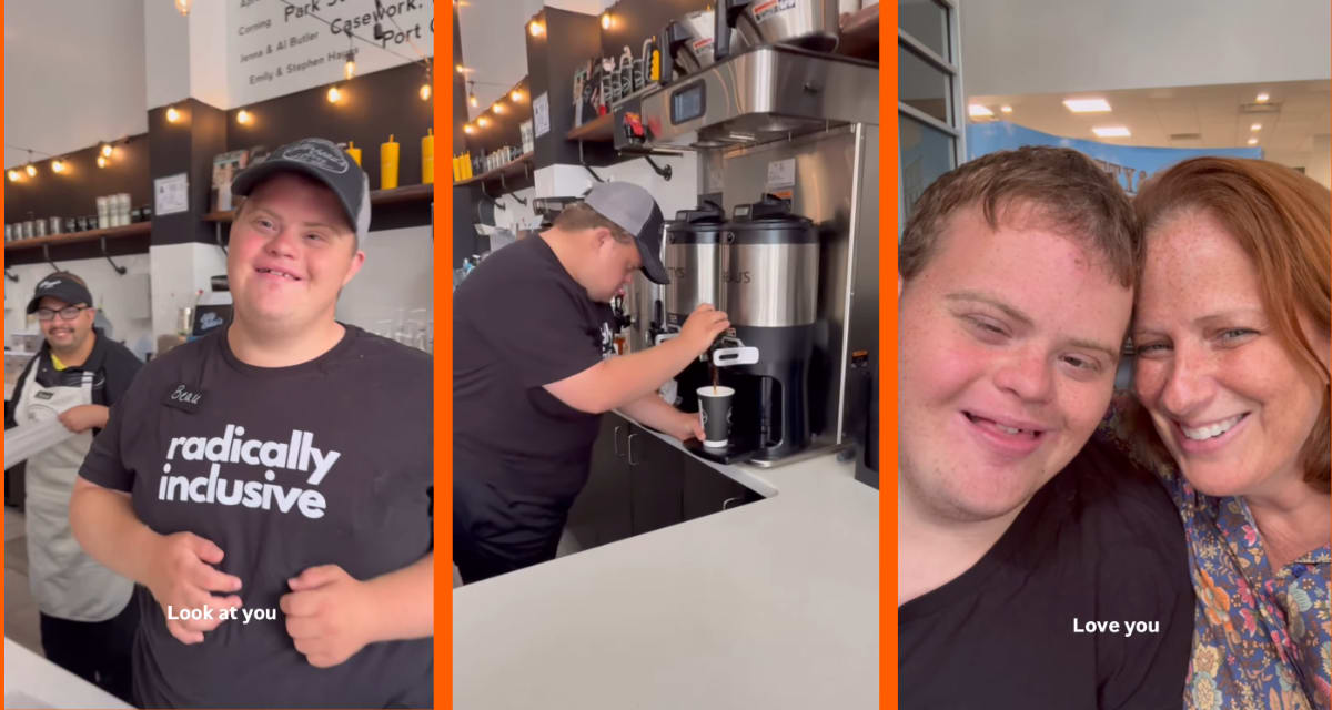Beau wearing coffee shop uniform behind counter greeting his mother Amy Wright