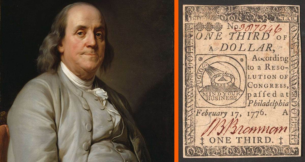 Historical Benjamin Franklin colonial paper currency note featuring botanical leaf print and signature