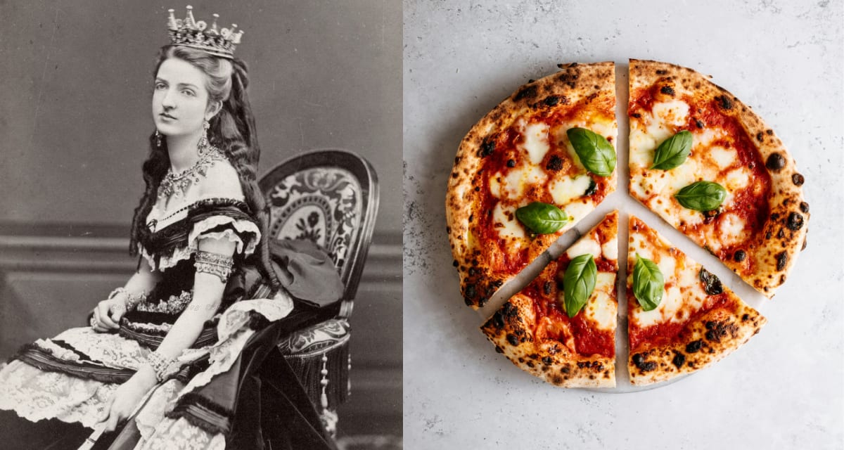 Traditional Margherita pizza with fresh basil, mozzarella cheese, and tomatoes on wooden surface