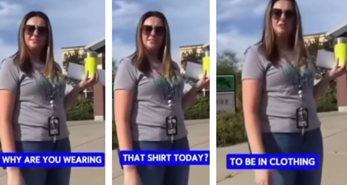 Elementary school principal Laura Andrews wearing "All Are Welcome Here" shirt directing carpool traffic