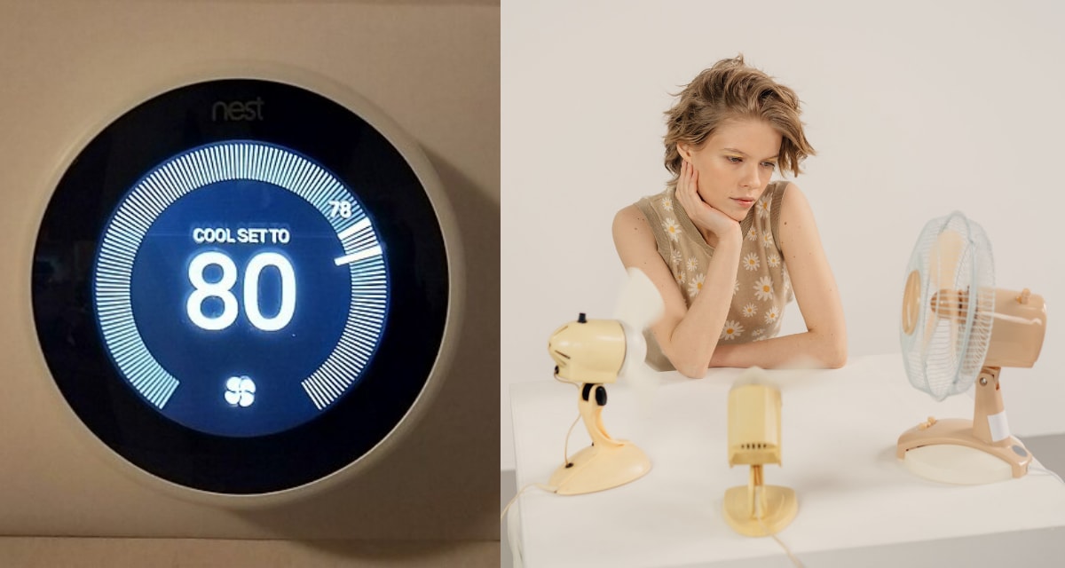 Person adjusting digital thermostat on wall to set comfortable summer temperature