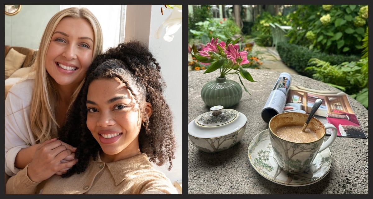** Two young women holding house keys together, smiling outside their new shared home