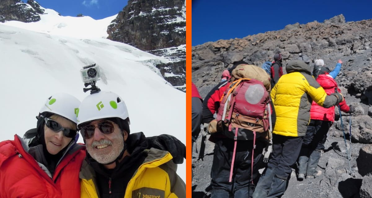 Dr. Art Ulene in climbing gear smiling at camera on mountain trail
