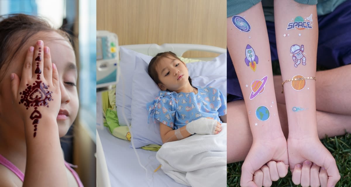 Tattoo artist Benjamin Lloyd creating colorful temporary tattoo design on child's arm in hospital