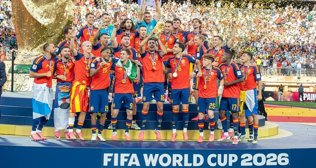 Young Spanish footballer Lamine Yamal celebrating after Spain's 2026 World Cup victory