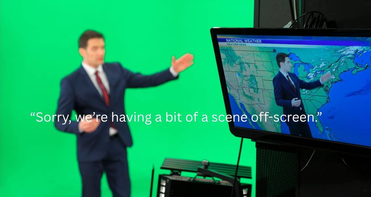 Meteorologist Patrick Osborn laughing uncontrollably during live weather forecast at WABI-TV studio