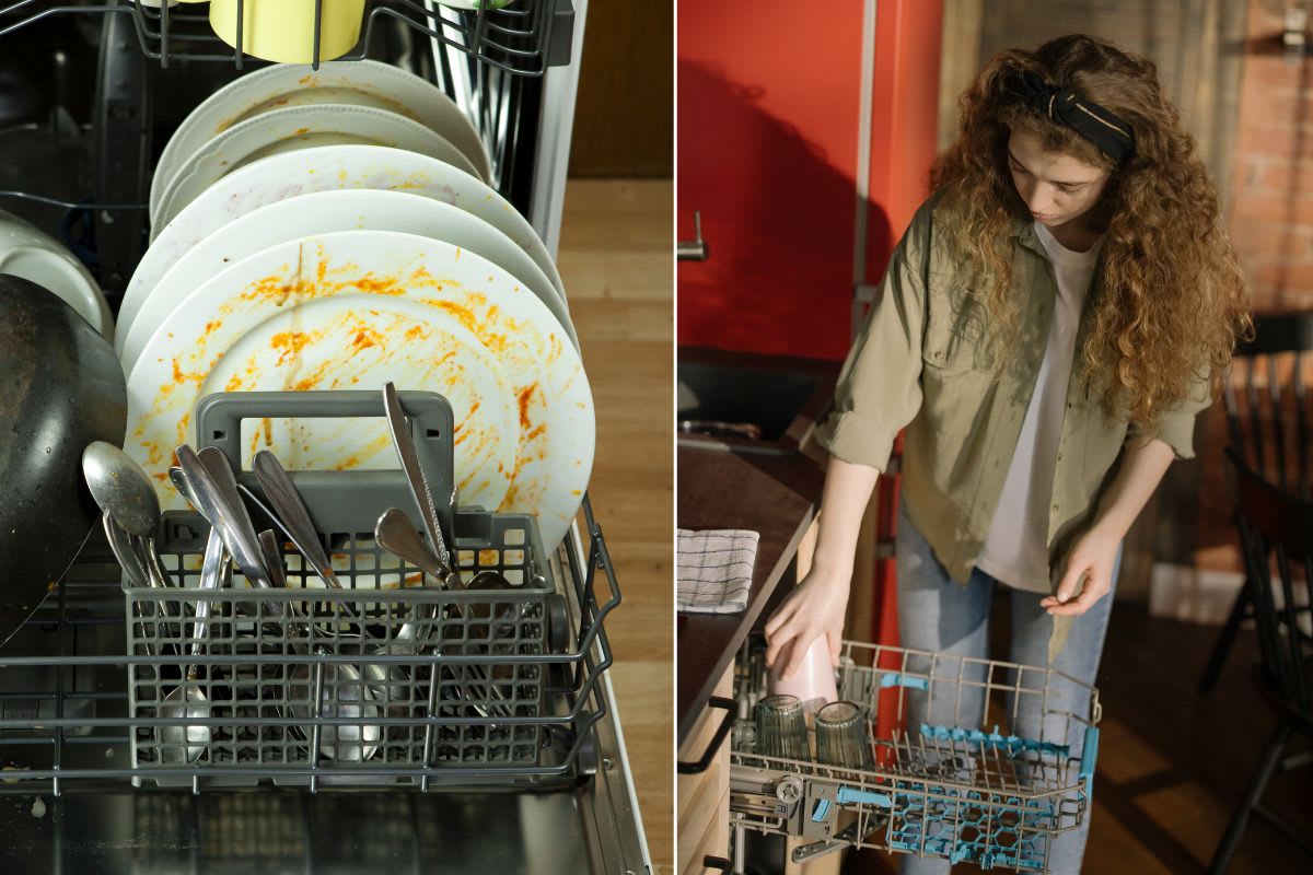 Woman demonstrating proper dishwasher detergent pod placement in appliance compartment door