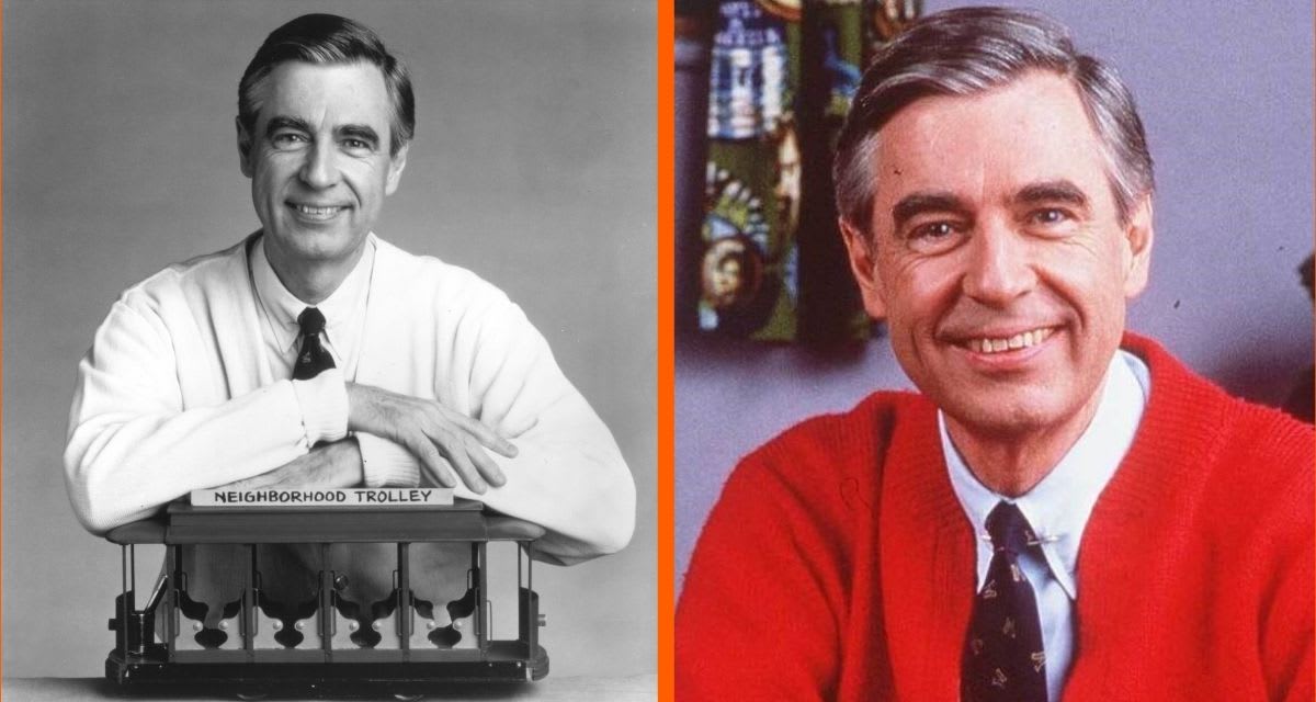 Fred Rogers wearing red cardigan sweater on set of Mister Rogers' Neighborhood television show
