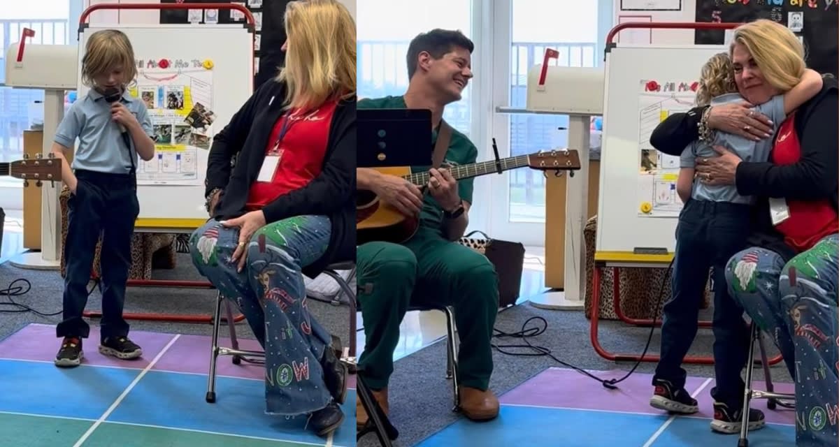 Young boy holding microphone singing to his kindergarten teacher at retirement party