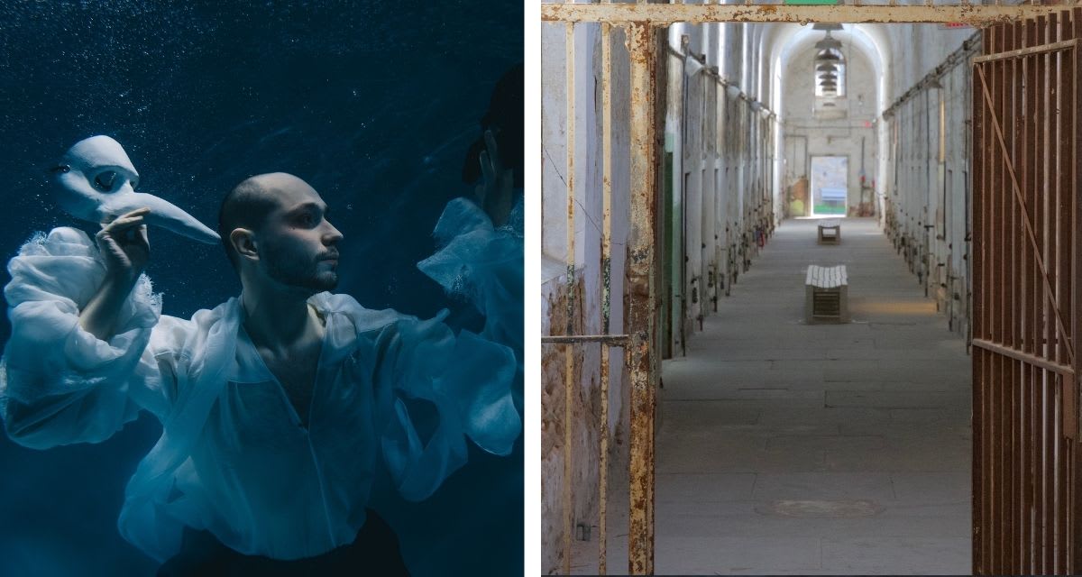 Prison inmates rehearsing theatrical performance on stage at Italy's historic Volterra prison facility