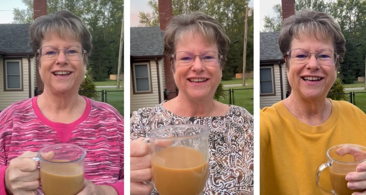 Smiling woman holding coffee cup on porch sharing daily positive morning affirmation message