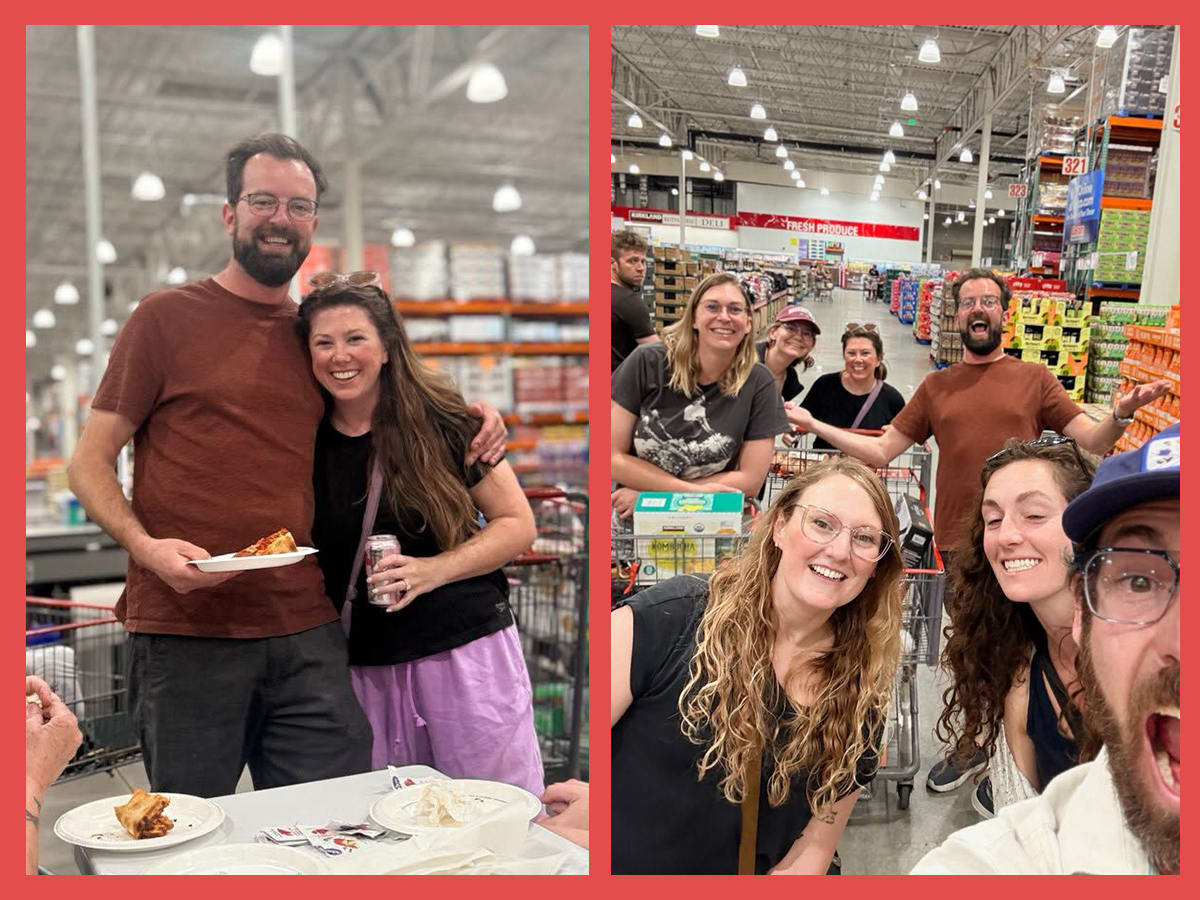 Man looking confused in Costco aisle surrounded by friends at surprise birthday party