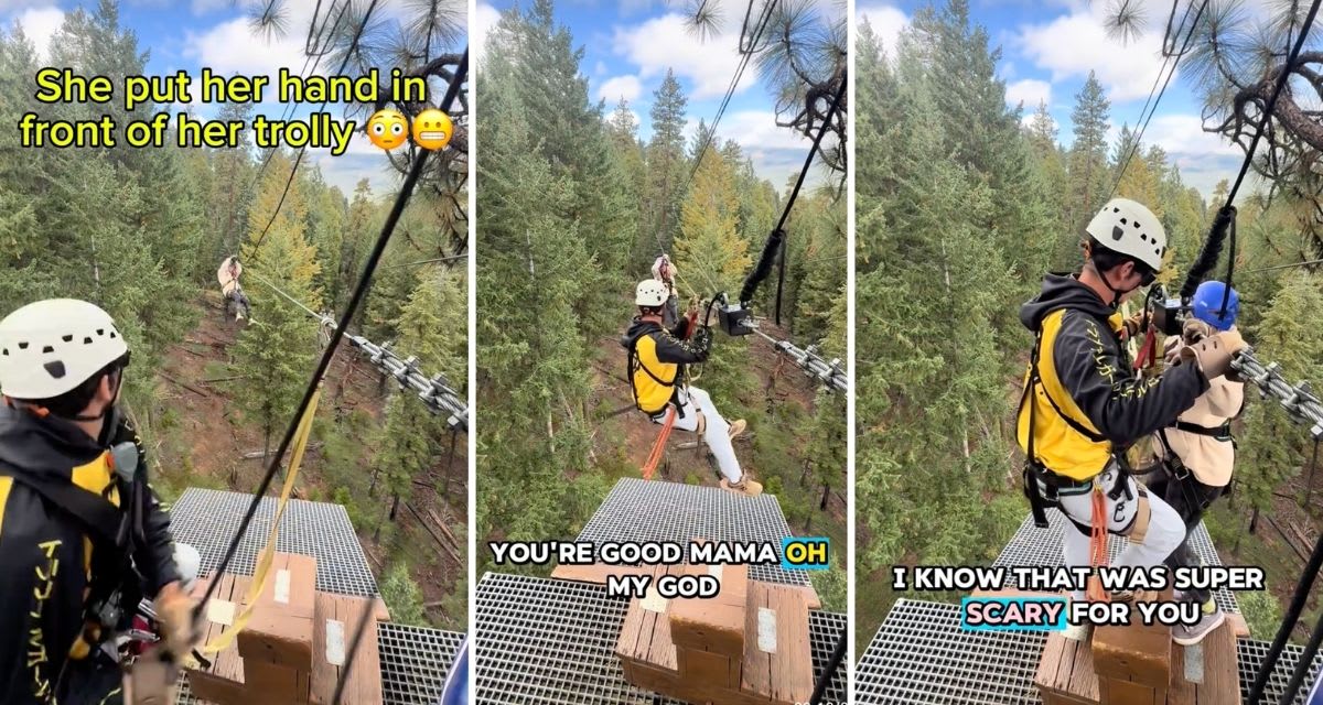 Zipline guide Averie helping a guest on the platform at Crater Lake Zipline in Oregon